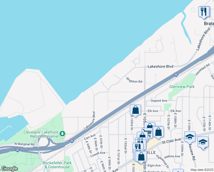 map of restaurants, bars, coffee shops, grocery stores, and more near in Bratenahl