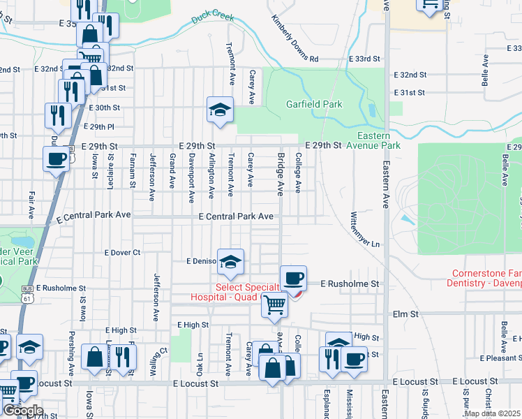 map of restaurants, bars, coffee shops, grocery stores, and more near 2633 Carey Avenue in Davenport