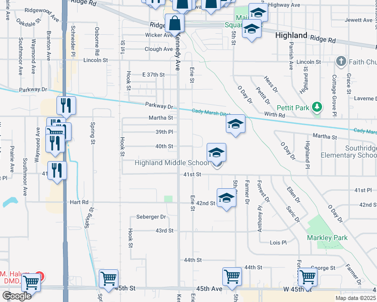 map of restaurants, bars, coffee shops, grocery stores, and more near 9138 Erie Street in Highland