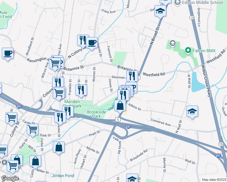 map of restaurants, bars, coffee shops, grocery stores, and more near 33 Howe Street in Meriden
