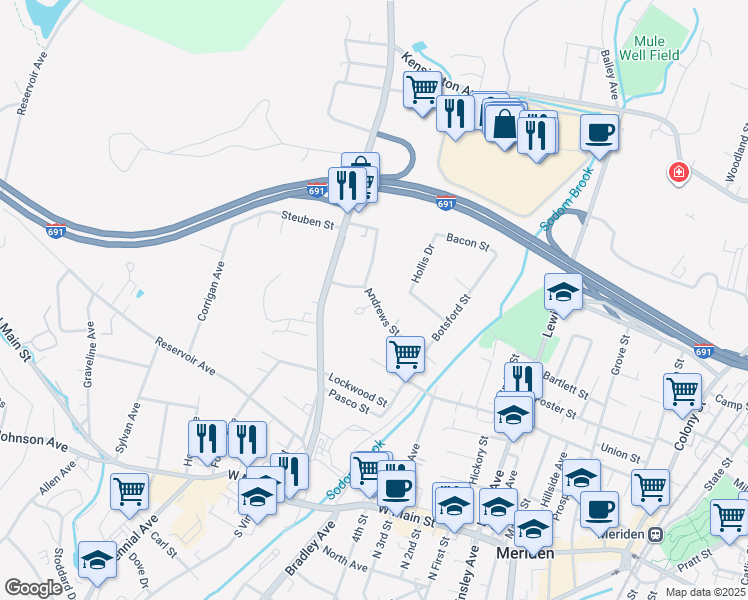 map of restaurants, bars, coffee shops, grocery stores, and more near 149 Andrews Street in Meriden
