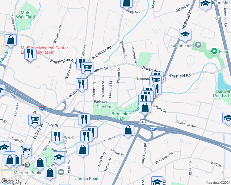 map of restaurants, bars, coffee shops, grocery stores, and more near 86 Warren Street in Meriden