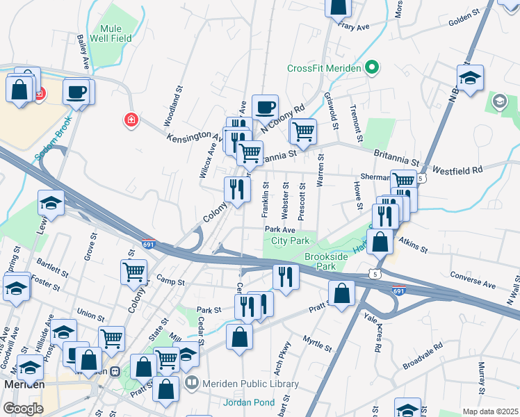 map of restaurants, bars, coffee shops, grocery stores, and more near 135 Franklin Street in Meriden