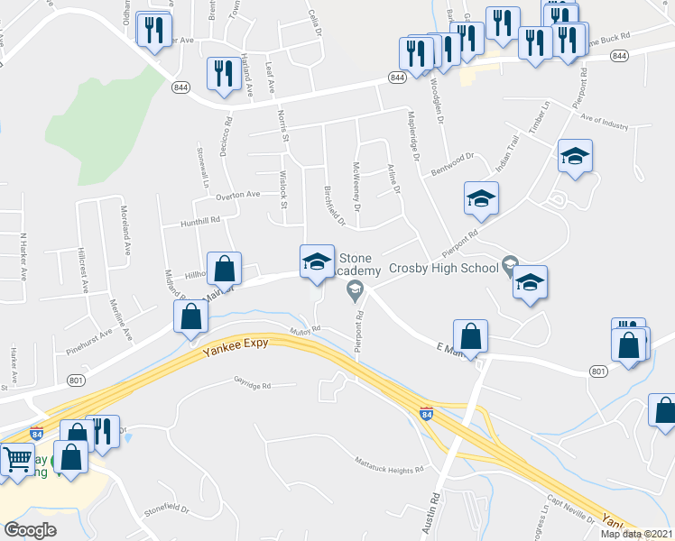 map of restaurants, bars, coffee shops, grocery stores, and more near 194 Birchfield Drive in Waterbury