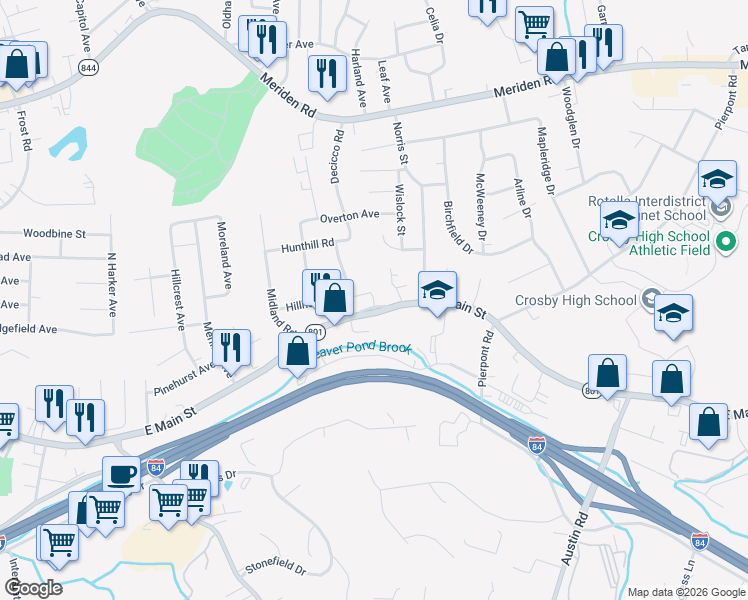 map of restaurants, bars, coffee shops, grocery stores, and more near 106 Hillhouse Road in Waterbury