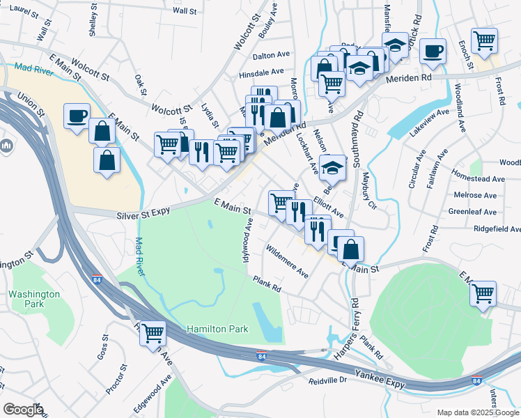 map of restaurants, bars, coffee shops, grocery stores, and more near 39 Sheldon Street in Waterbury