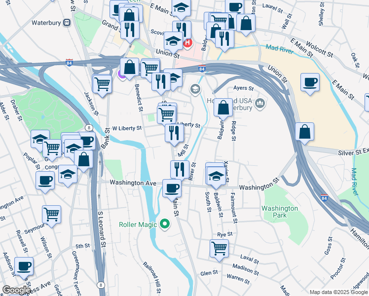 map of restaurants, bars, coffee shops, grocery stores, and more near 382 Mill Street in Waterbury