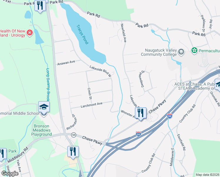 map of restaurants, bars, coffee shops, grocery stores, and more near 408 Lakeside Boulevard East in Waterbury