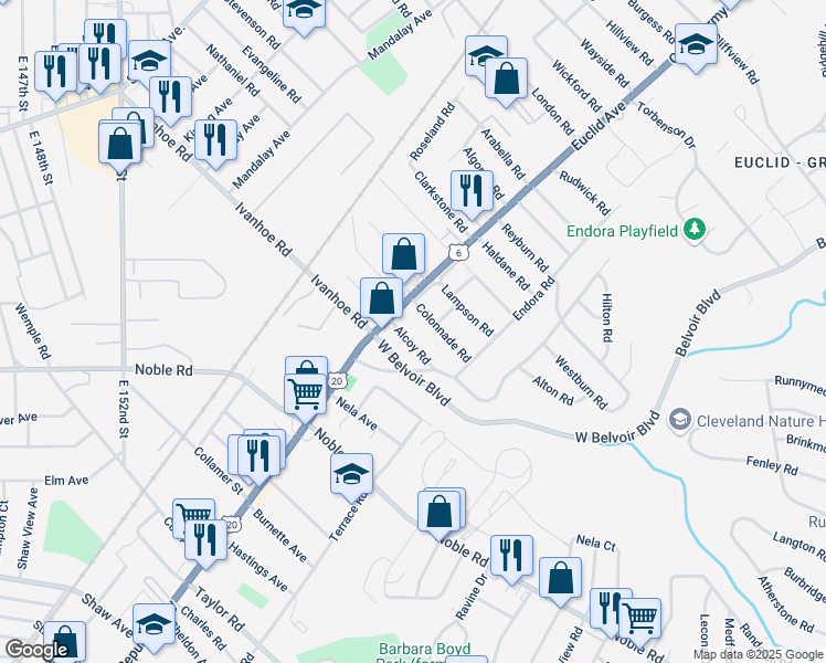 map of restaurants, bars, coffee shops, grocery stores, and more near 1812 Colonnade Road in Cleveland