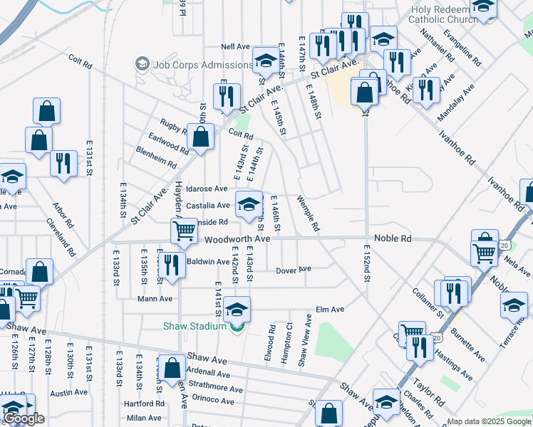 map of restaurants, bars, coffee shops, grocery stores, and more near 1160 East 145th Street in Cleveland