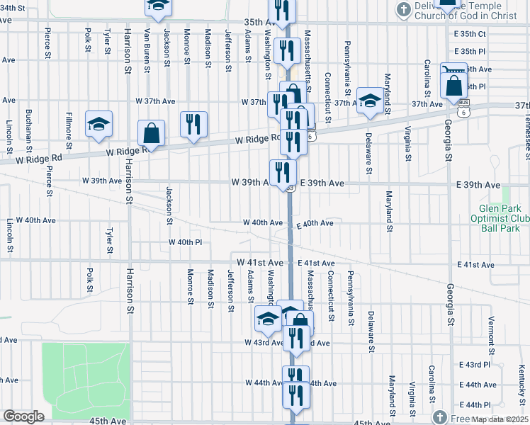 map of restaurants, bars, coffee shops, grocery stores, and more near 3935 Washington Street in Gary