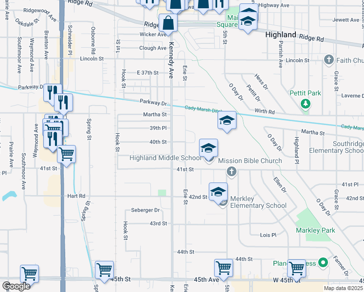 map of restaurants, bars, coffee shops, grocery stores, and more near 9138 Erie Street in Highland