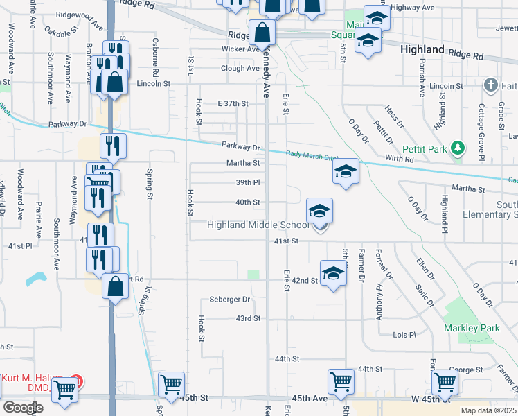 map of restaurants, bars, coffee shops, grocery stores, and more near 2738 39th Place in Highland