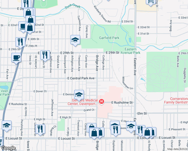 map of restaurants, bars, coffee shops, grocery stores, and more near 2636 Bridge Avenue in Davenport