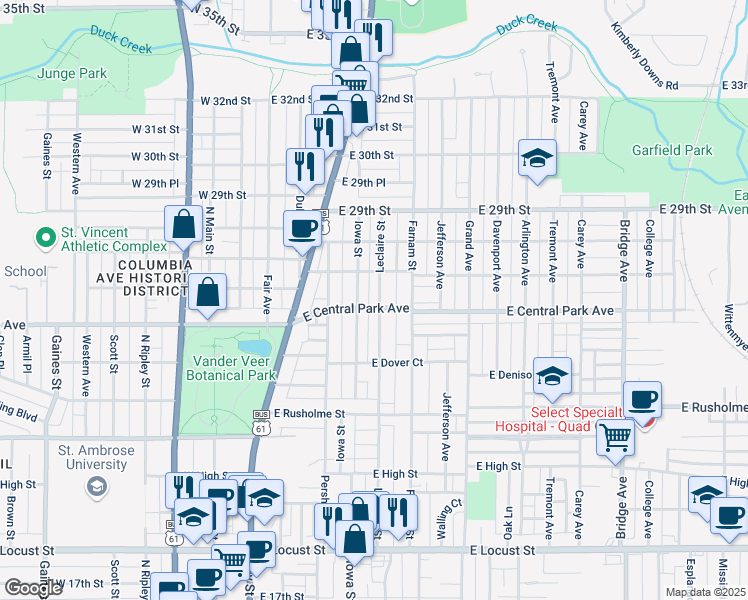 map of restaurants, bars, coffee shops, grocery stores, and more near 2630-2634 Leclaire Street in Davenport
