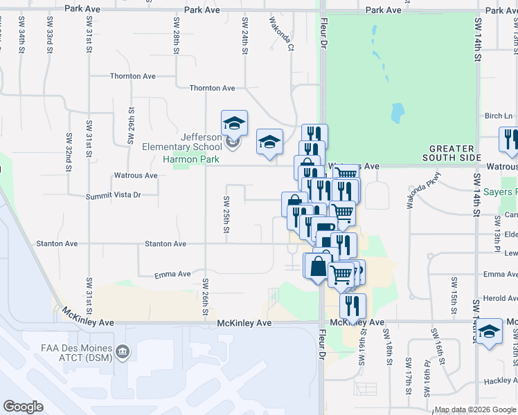 map of restaurants, bars, coffee shops, grocery stores, and more near 2333 Wakonda View Drive in Des Moines
