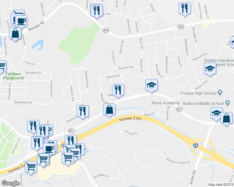 map of restaurants, bars, coffee shops, grocery stores, and more near 69 Hillhouse Road in Waterbury
