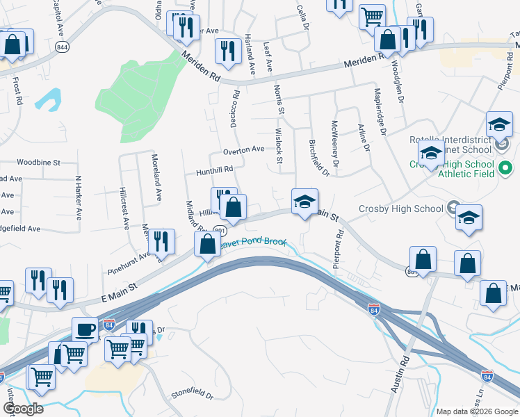 map of restaurants, bars, coffee shops, grocery stores, and more near 106 Hillhouse Road in Waterbury