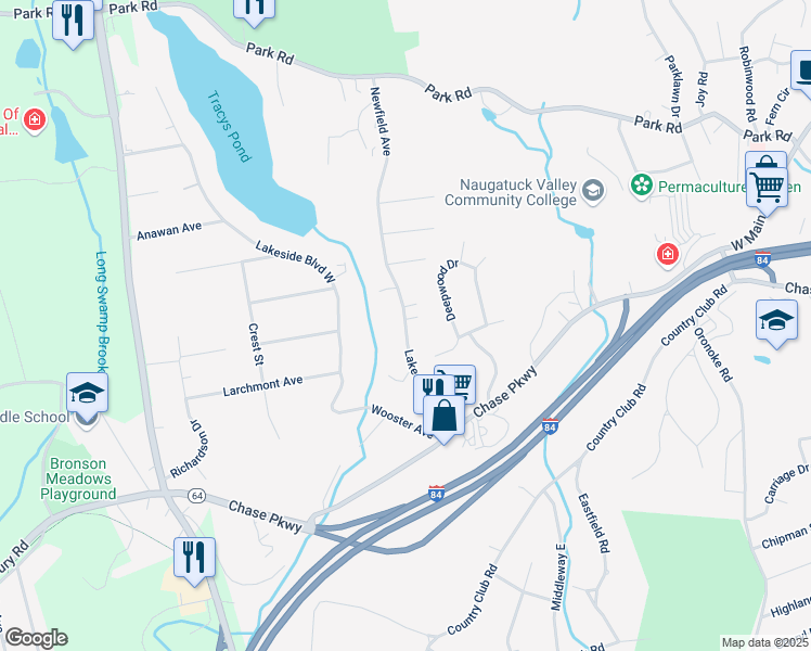 map of restaurants, bars, coffee shops, grocery stores, and more near 223 Lakeside Boulevard East in Waterbury