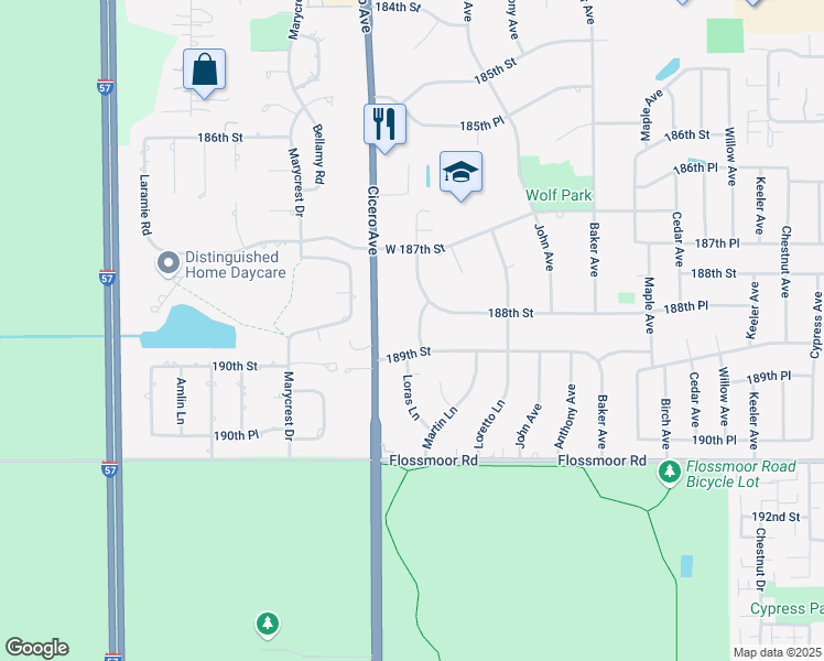map of restaurants, bars, coffee shops, grocery stores, and more near 18770 Loras Lane in Country Club Hills