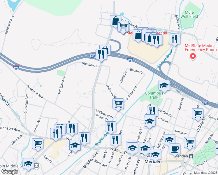 map of restaurants, bars, coffee shops, grocery stores, and more near 151 Andrews Street in Meriden