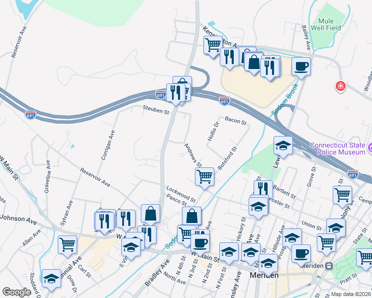 map of restaurants, bars, coffee shops, grocery stores, and more near 158 Andrews Street in Meriden