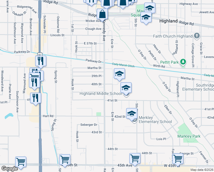 map of restaurants, bars, coffee shops, grocery stores, and more near 9201 Kennedy Avenue in Highland