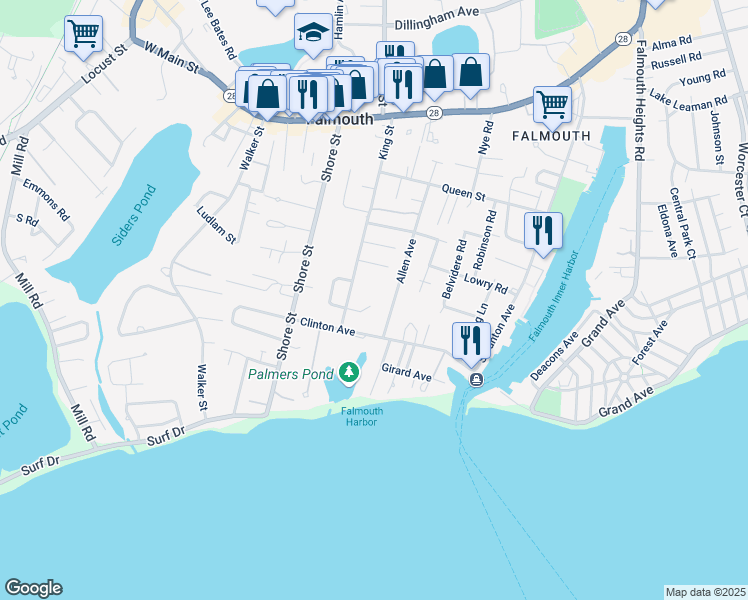 map of restaurants, bars, coffee shops, grocery stores, and more near 29 Brown Court in Falmouth