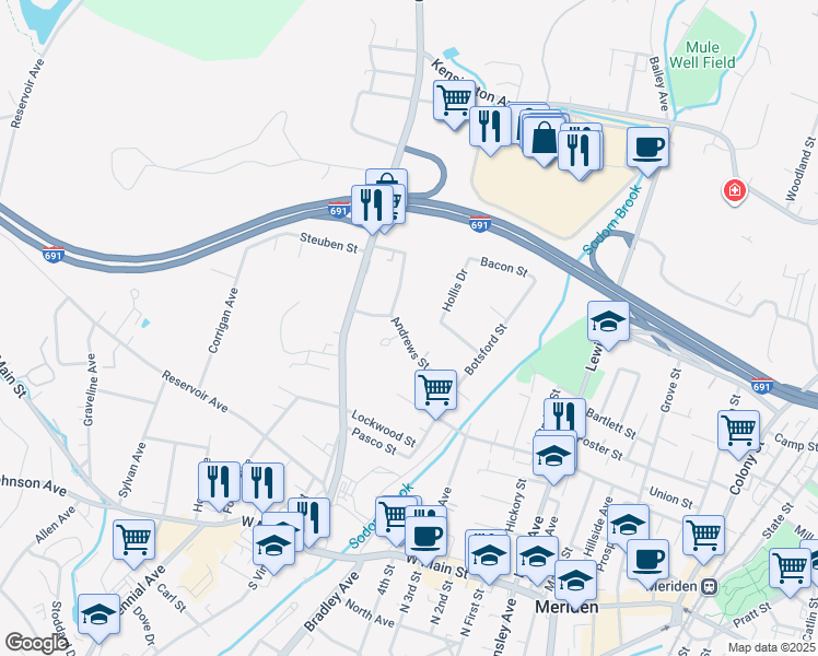 map of restaurants, bars, coffee shops, grocery stores, and more near 147 Andrews Street in Meriden