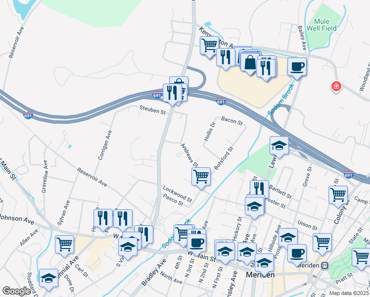 map of restaurants, bars, coffee shops, grocery stores, and more near 153 Andrews Street in Meriden