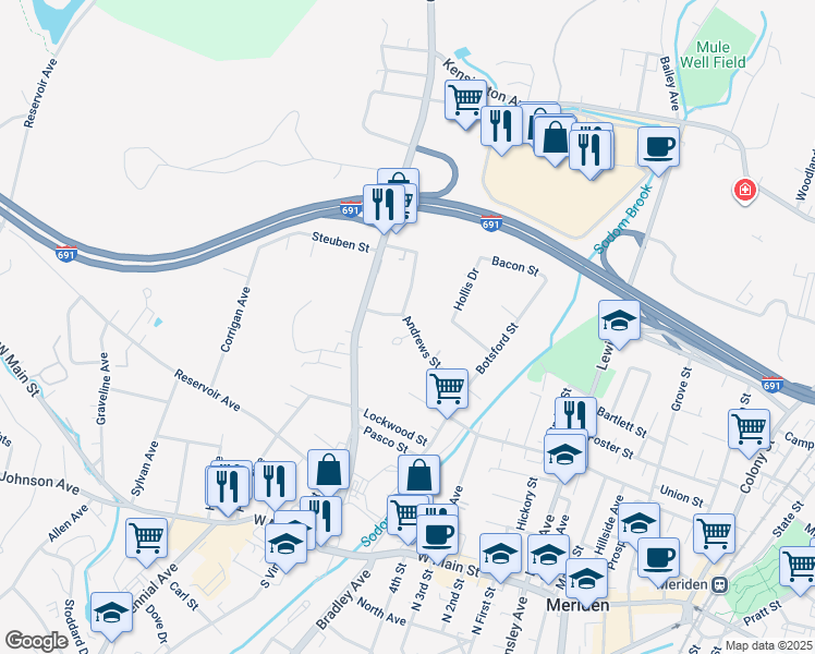 map of restaurants, bars, coffee shops, grocery stores, and more near 156 Andrews Street in Meriden
