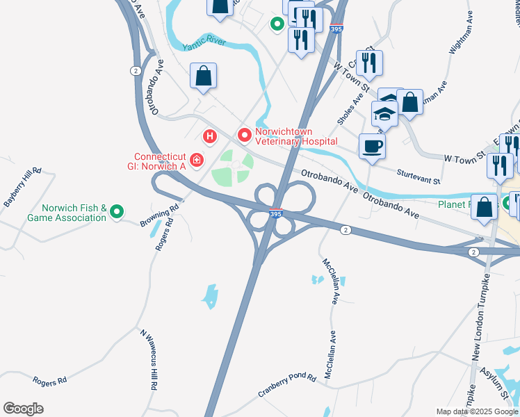 map of restaurants, bars, coffee shops, grocery stores, and more near Connecticut 32 in Norwich