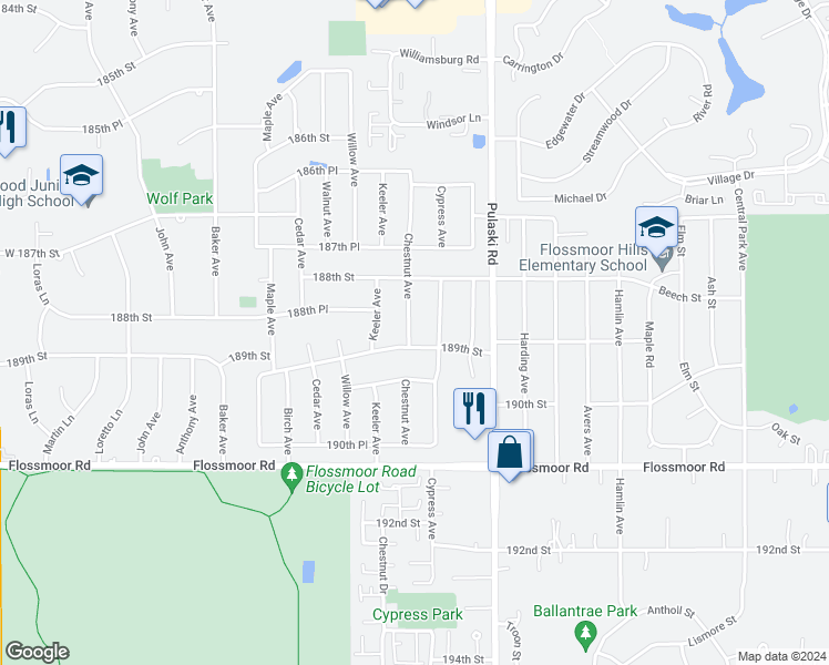 map of restaurants, bars, coffee shops, grocery stores, and more near 18849 Chestnut Avenue in Country Club Hills