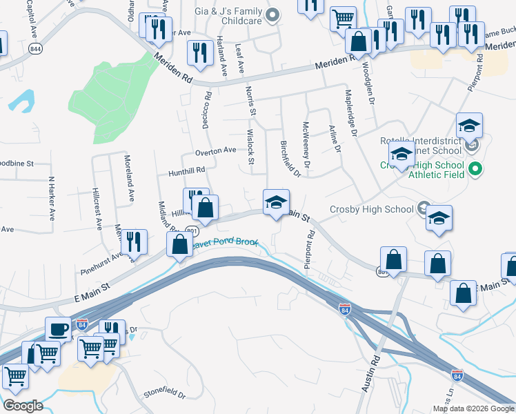 map of restaurants, bars, coffee shops, grocery stores, and more near 197 Norris Street in Waterbury