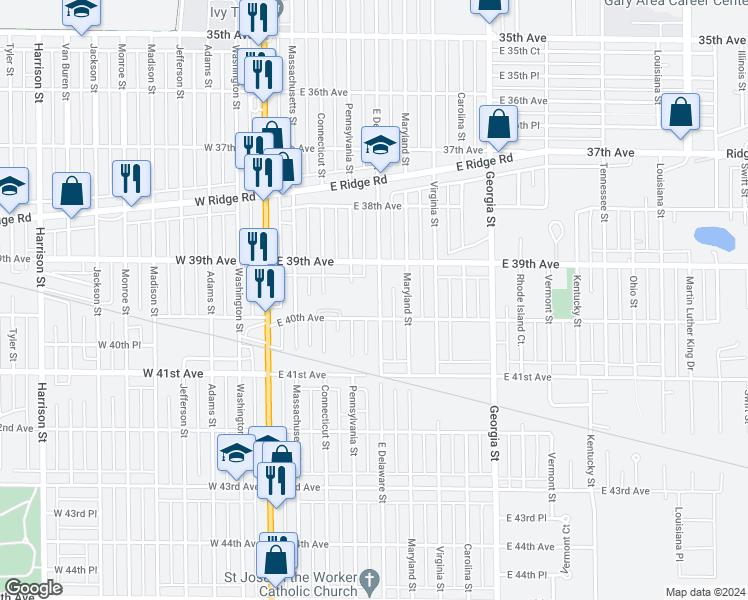 map of restaurants, bars, coffee shops, grocery stores, and more near 3964 Delaware Street in Gary