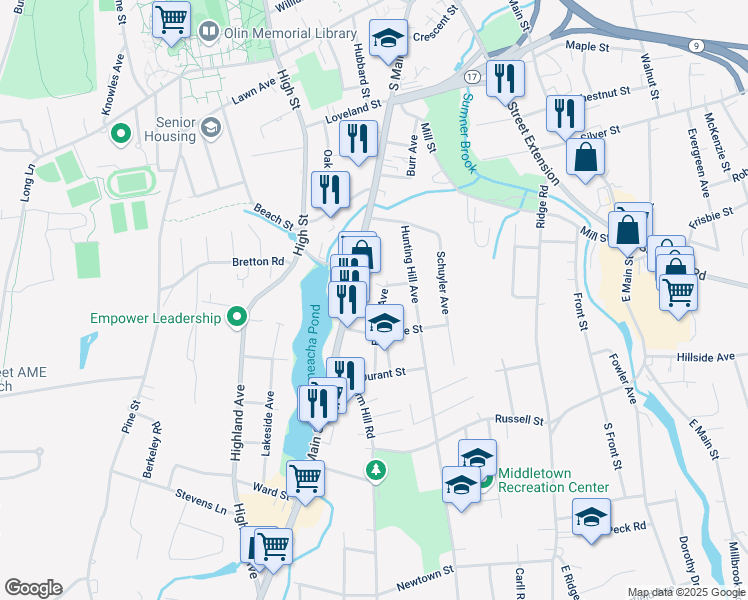 map of restaurants, bars, coffee shops, grocery stores, and more near 25 Birdsey Avenue in Middletown