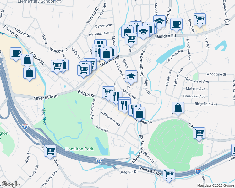 map of restaurants, bars, coffee shops, grocery stores, and more near 74 Edson Avenue in Waterbury