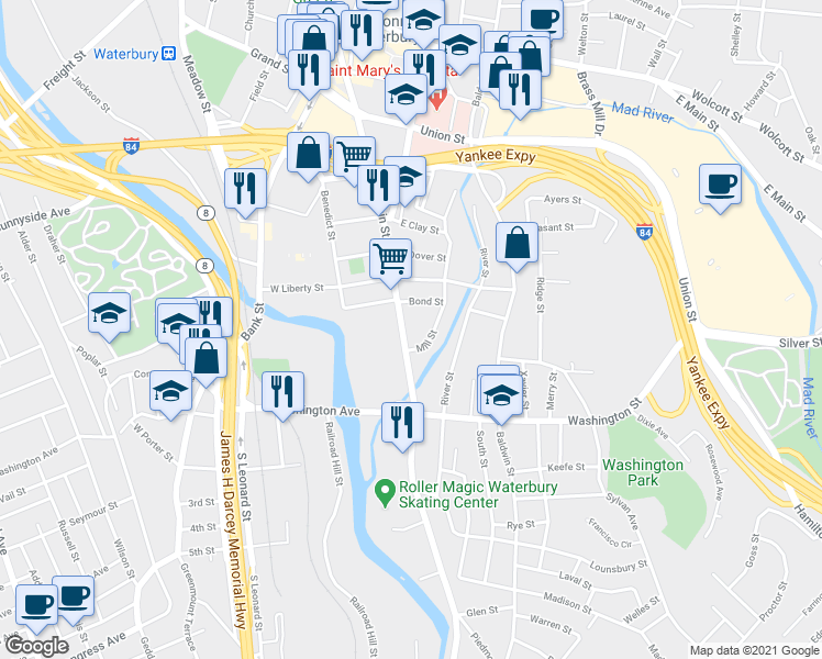 map of restaurants, bars, coffee shops, grocery stores, and more near 649 South Main Street in Waterbury