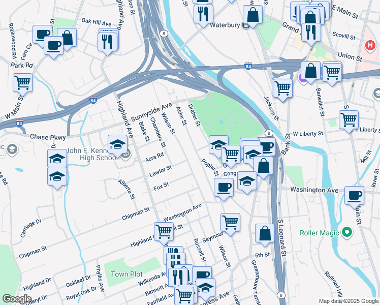 map of restaurants, bars, coffee shops, grocery stores, and more near 148 Alder Street in Waterbury
