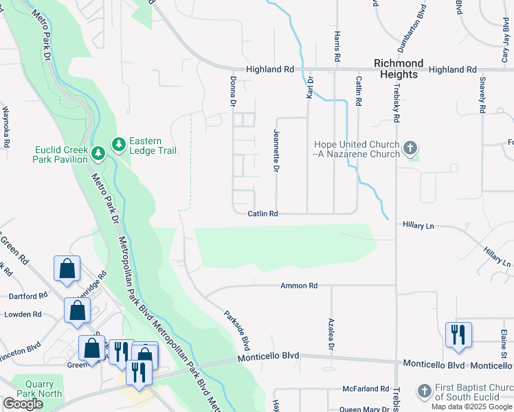 map of restaurants, bars, coffee shops, grocery stores, and more near 597 Dade Lane in Richmond Heights