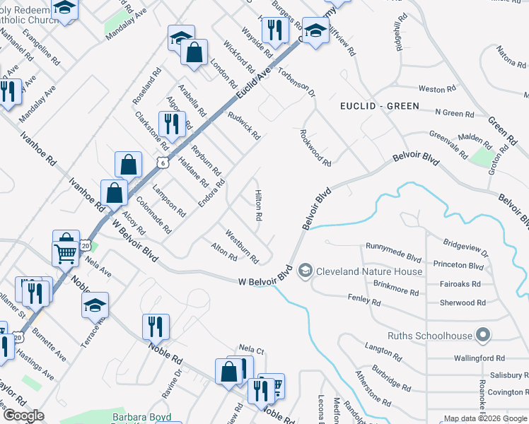 map of restaurants, bars, coffee shops, grocery stores, and more near 1973 Hilton Road in Cleveland