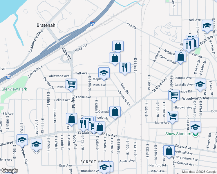 map of restaurants, bars, coffee shops, grocery stores, and more near 386 Cleveland Road in Cleveland