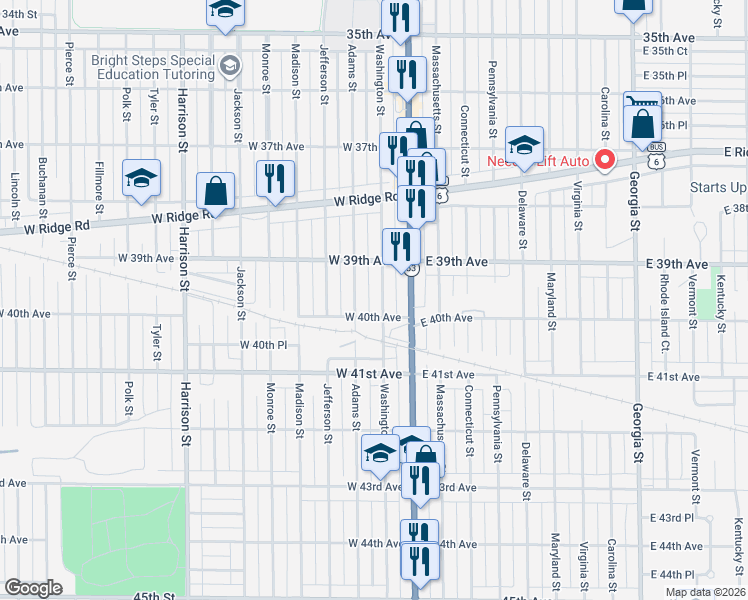map of restaurants, bars, coffee shops, grocery stores, and more near 3935 Washington Street in Gary