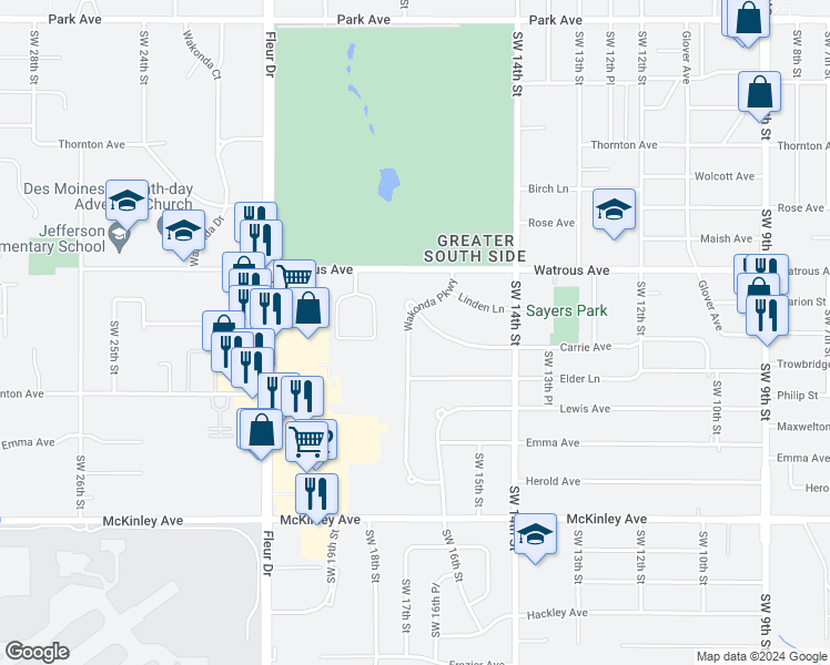 map of restaurants, bars, coffee shops, grocery stores, and more near 4301 Wakonda Parkway in Des Moines