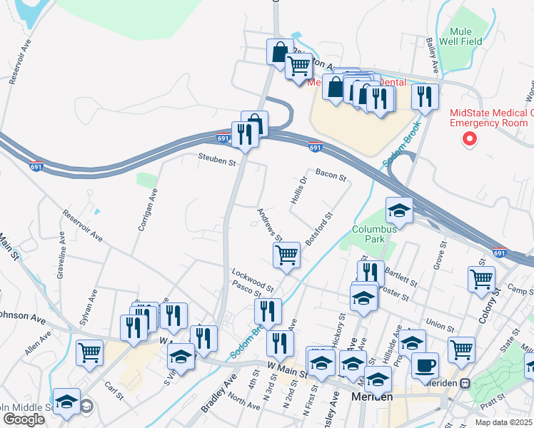 map of restaurants, bars, coffee shops, grocery stores, and more near 151 Andrews Street in Meriden