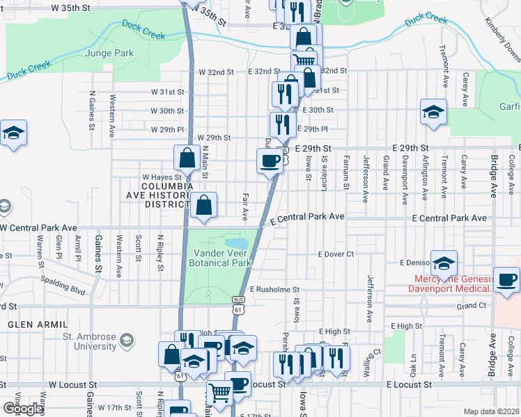 map of restaurants, bars, coffee shops, grocery stores, and more near 2647 Fair Avenue in Davenport