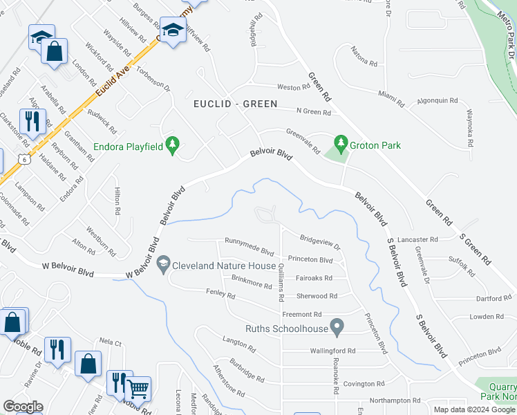 map of restaurants, bars, coffee shops, grocery stores, and more near 3715 Edgehill Drive in Cleveland