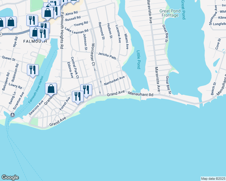 map of restaurants, bars, coffee shops, grocery stores, and more near 16 Hawthorne Avenue in Falmouth