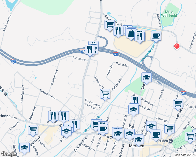 map of restaurants, bars, coffee shops, grocery stores, and more near 155 Andrews Street in Meriden