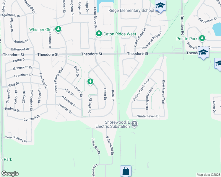 map of restaurants, bars, coffee shops, grocery stores, and more near 1319 Roth Drive in Joliet